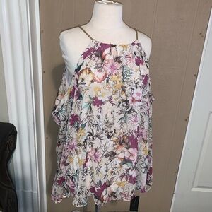 Thalia Sodi XL Floral Metallic‎ Cold-Shoulder Blouse w/ Chain Straps NWT